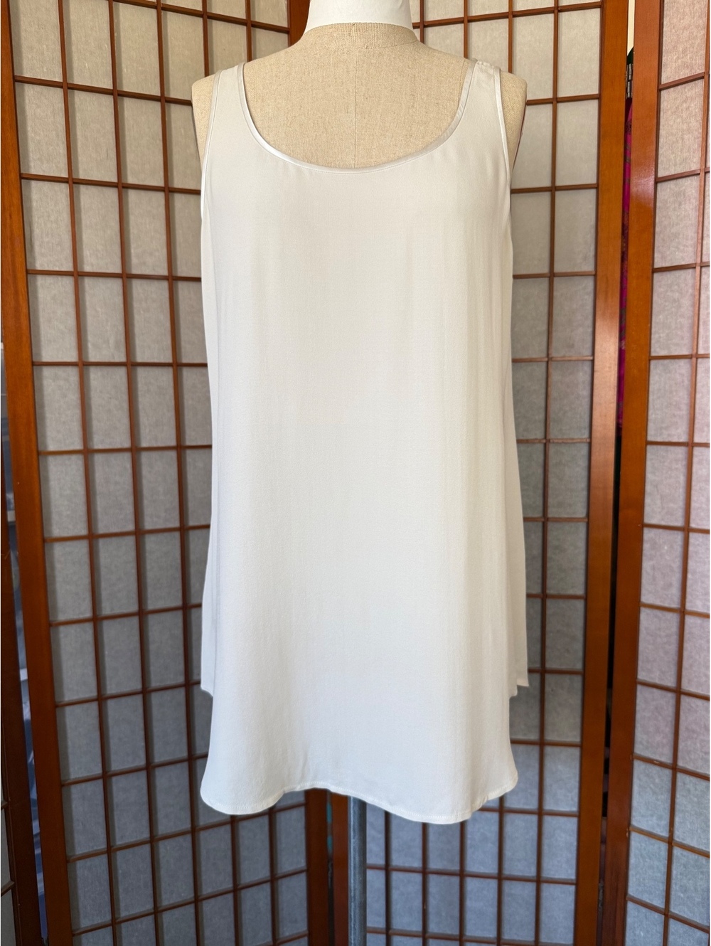 Eileen Fisher 100% Silk Georgette Crepe Long Tank Tunic Ivory L